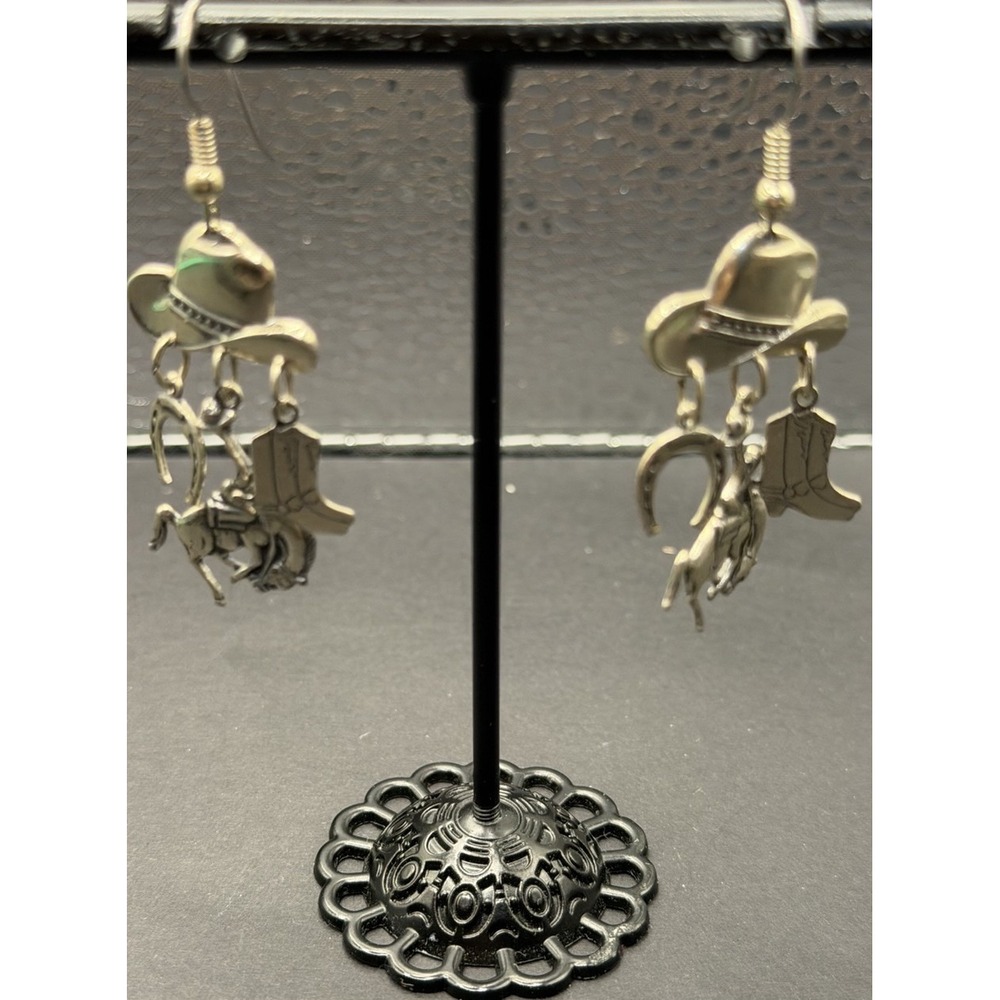 Vintage Southwestern Cowboy Sterling Silver Dangle Earrings Boots Horse J19